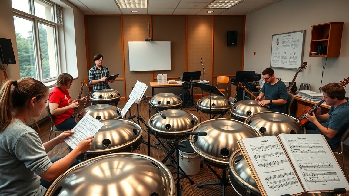 Handpan tanfolyam résztvevői gyakorolnak zenét