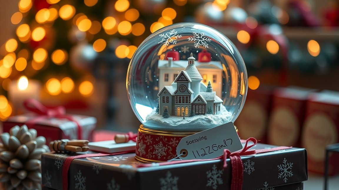 Hógömb karácsonyi dekorációval, ajándékcsomagok mellett.