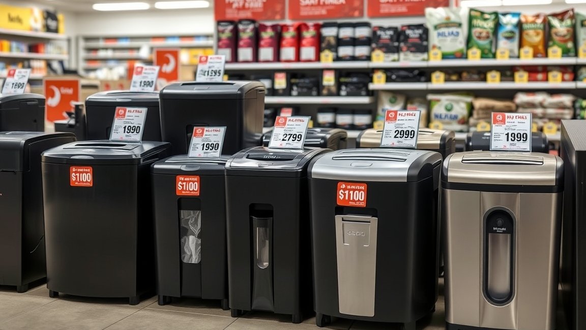 Különböző iratmegsemmisítők árakkal ellátva egy boltban.