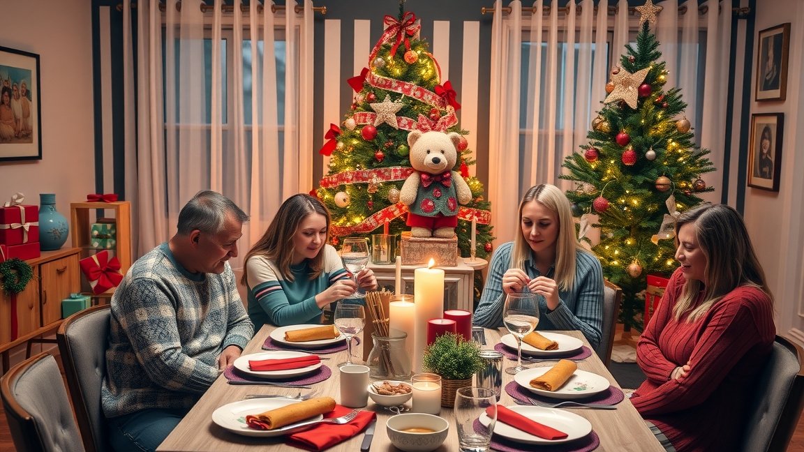 Család ünnepi karácsonyi vacsora asztalnál, dekorációval és fenyőfákkal.