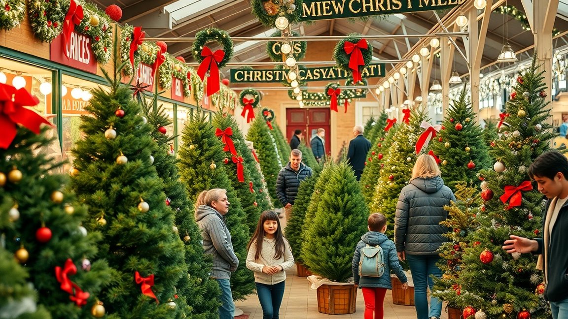 Karácsonyi vásár, díszített fenyők és vásárlók az ünnepi hangulatban.