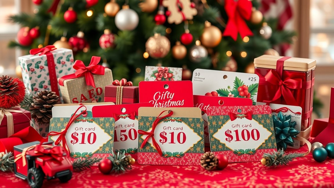 Karácsonyi ajándékkártyák karácsonyi ajándékokkal és díszítéssel.