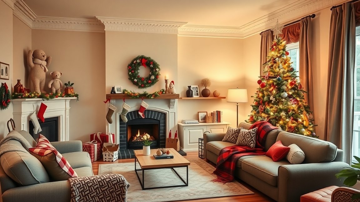 Karácsonyi díszítéssel ellátott lakás a szép ünnepi hangulatért.