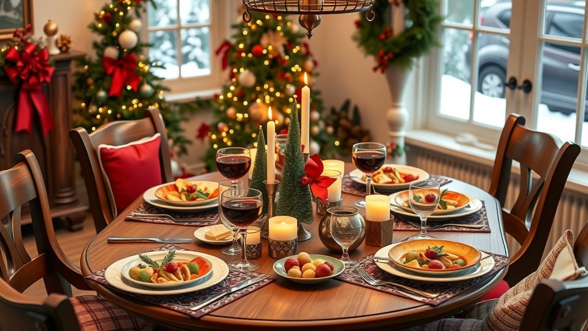 Karácsonyi ünnepi menü négy főre, díszített asztalon.