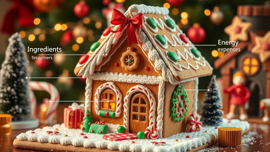 Karácsonyi mézeskalácsház, díszítve színes cukorkákkal.