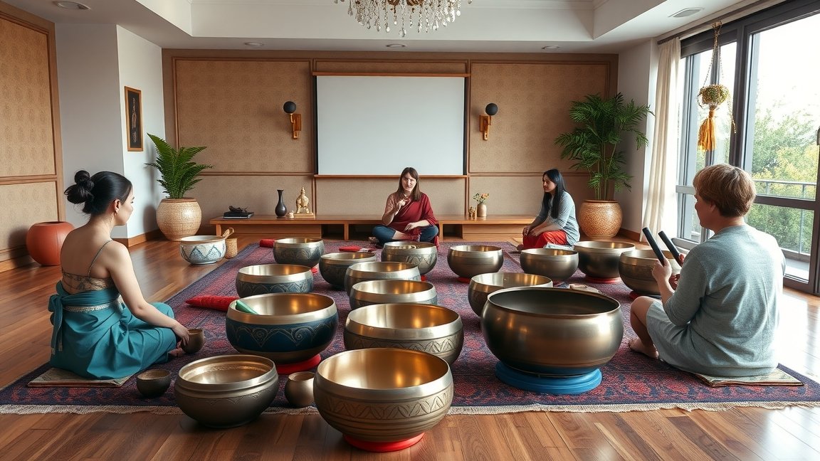 Hangtál tanfolyam résztvevői meditálnak hangtálakkal