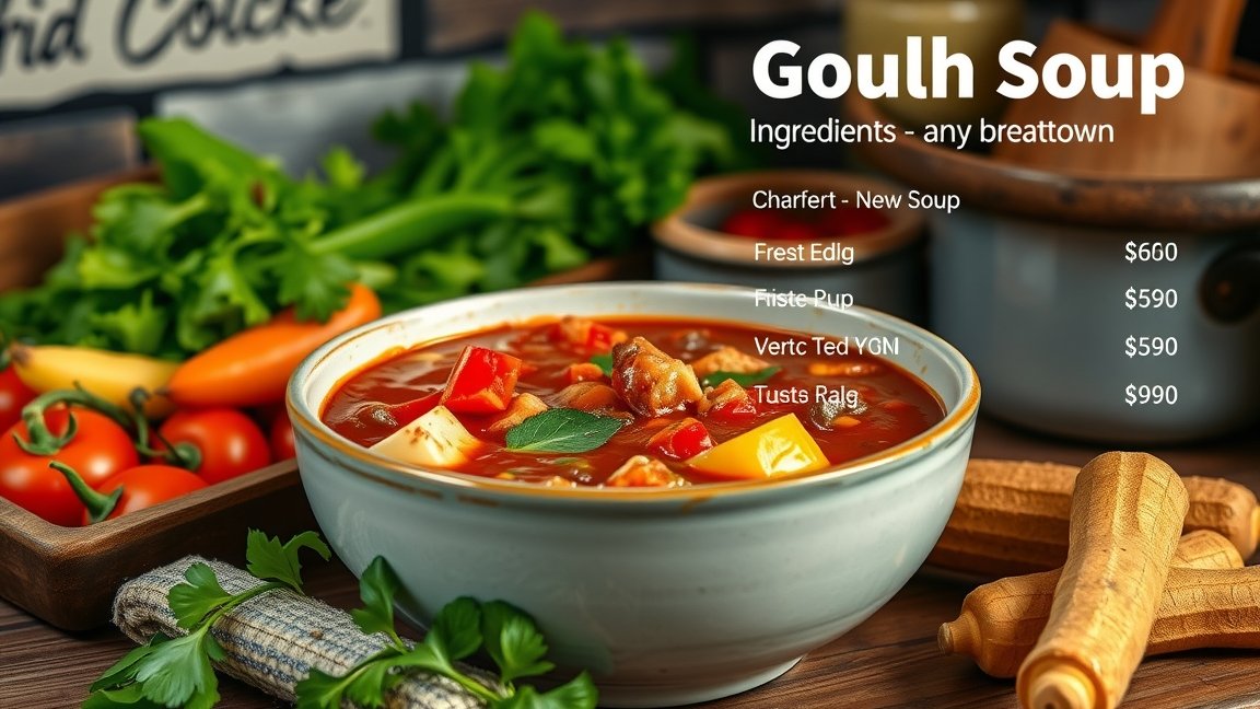 Házi készítésű gulyásleves friss zöldségekkel és fűszerekkel.