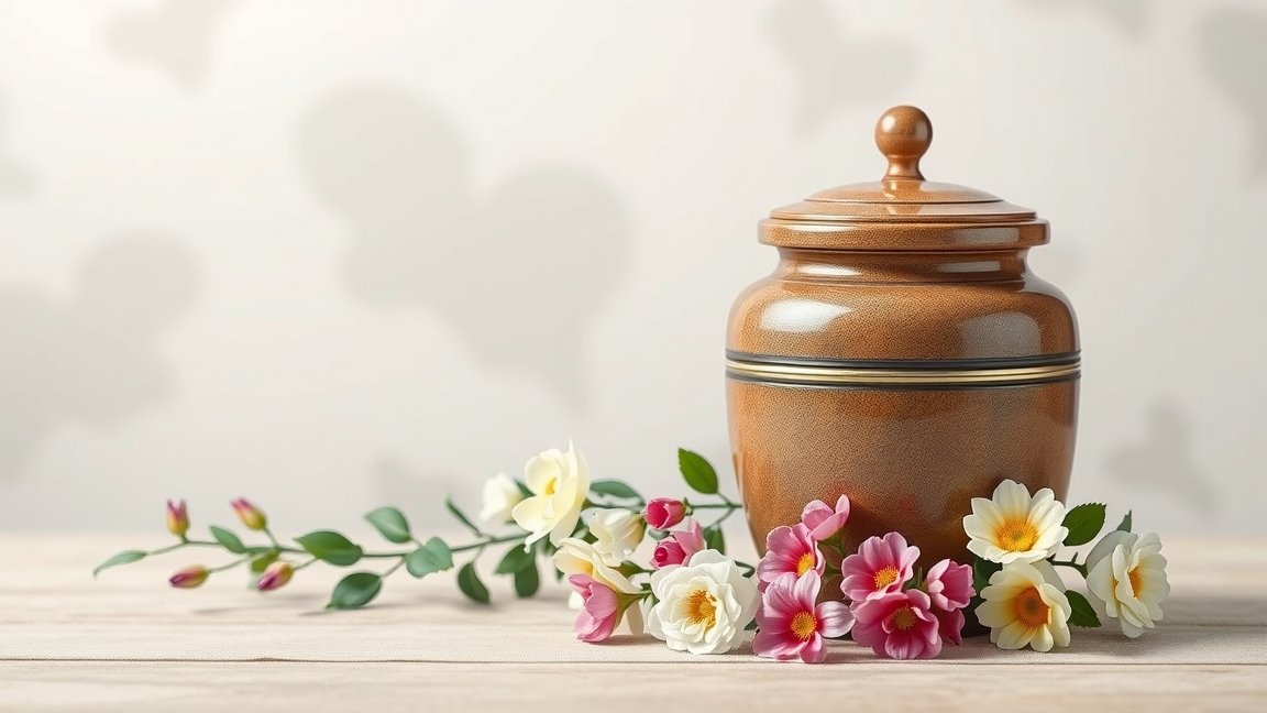 Hamis és virágok mellett egy urna a háziállatok emlékére.