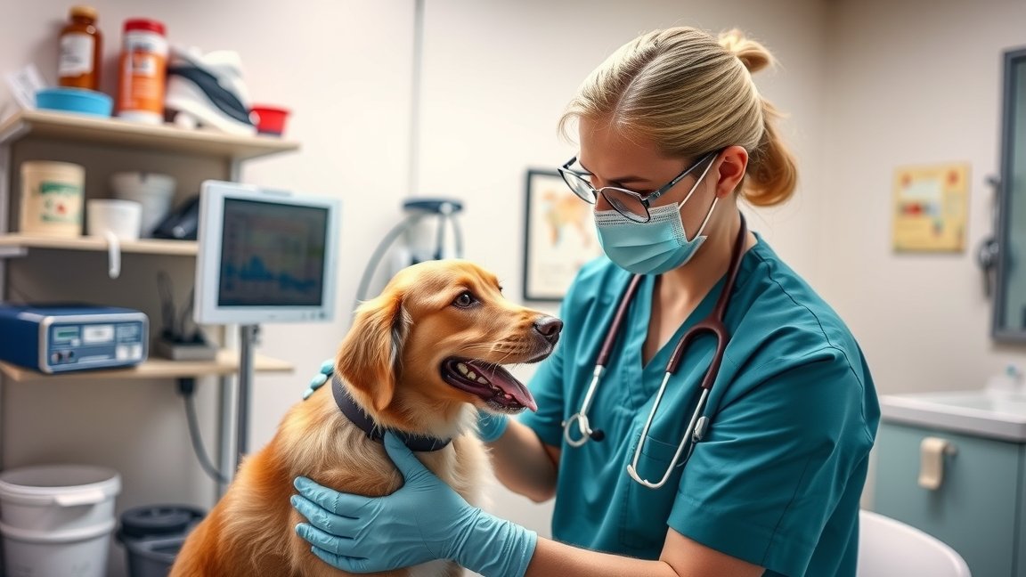 Állatorvos vizsgálat során egy kutyával az állatorvosi rendelőben