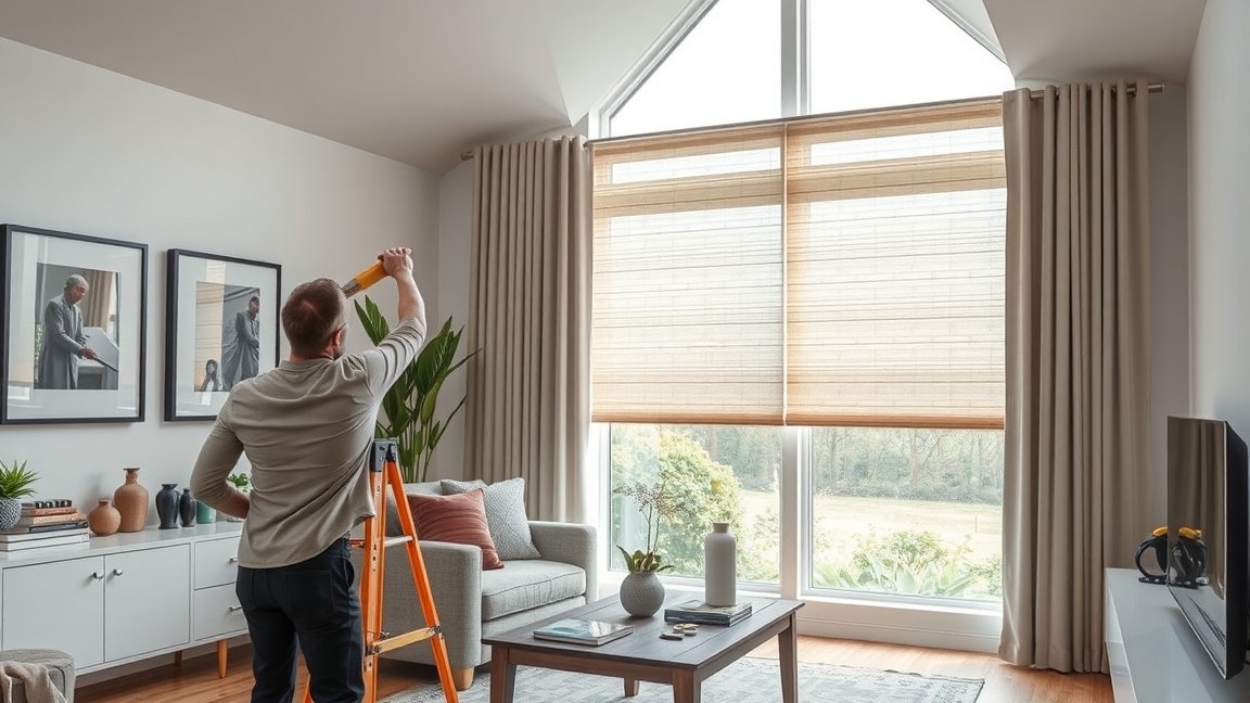 Férfi árnyékoló felszerelése rolóval a modern lakásban