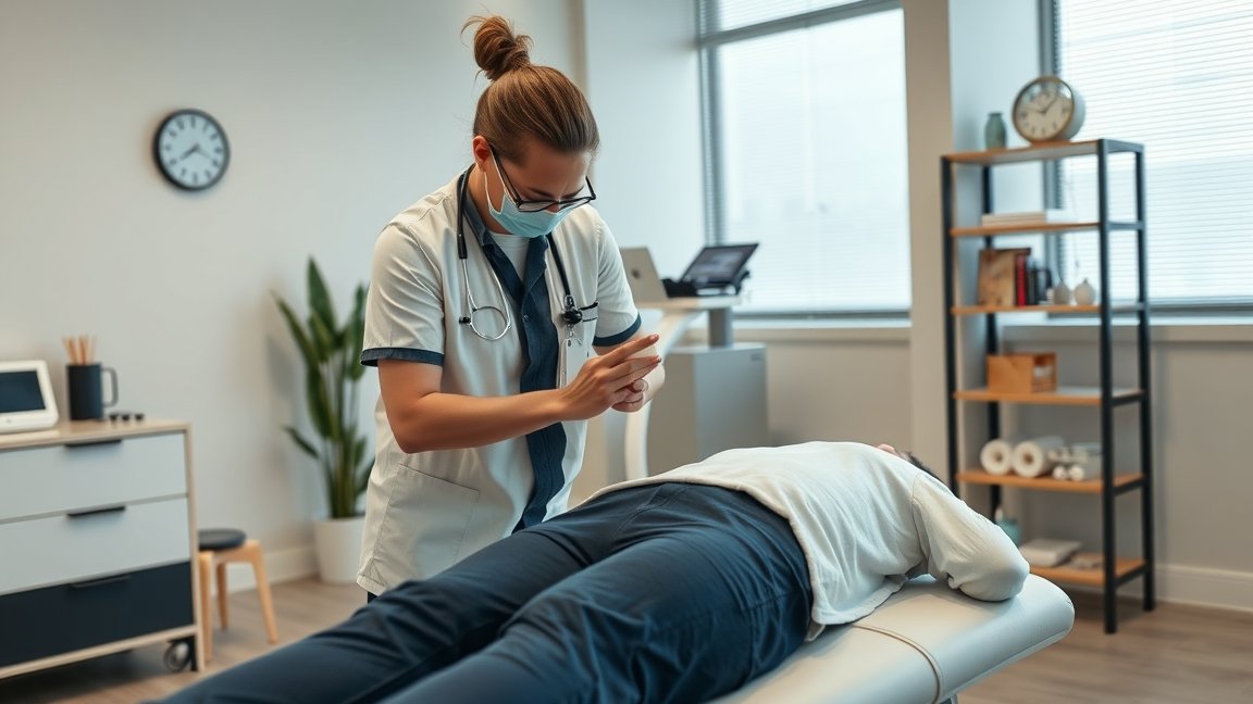 Csontkovács kezelés folyamata az egészségügyi rendelőben.