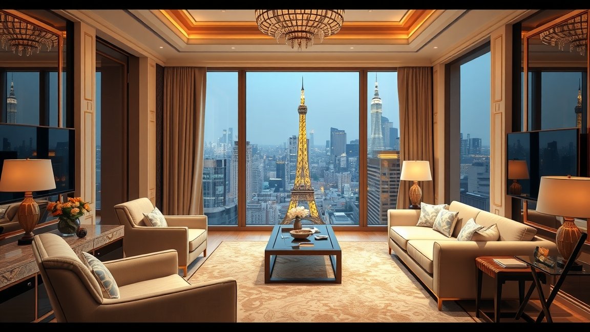 Luxus szálloda nappalija csodás kilátással a városra.