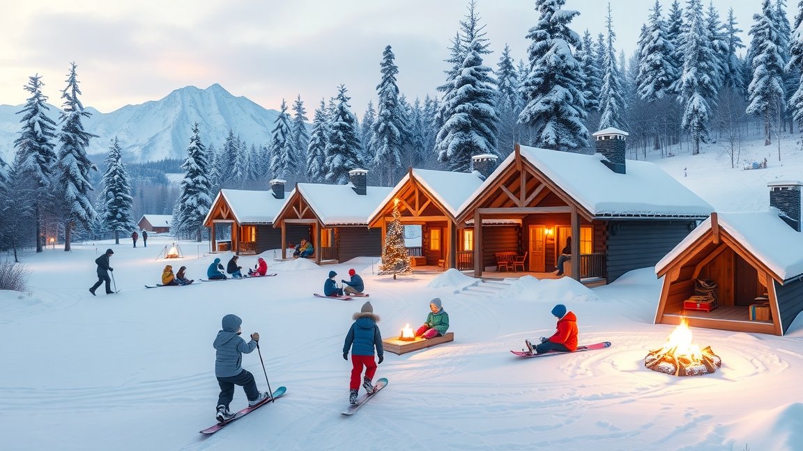 Gyermekek a gyermektéli táborban, fatáborok közt hóban