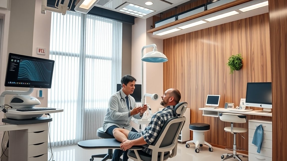 Hajbeültetési konzultáció orvossal modern klinikán
