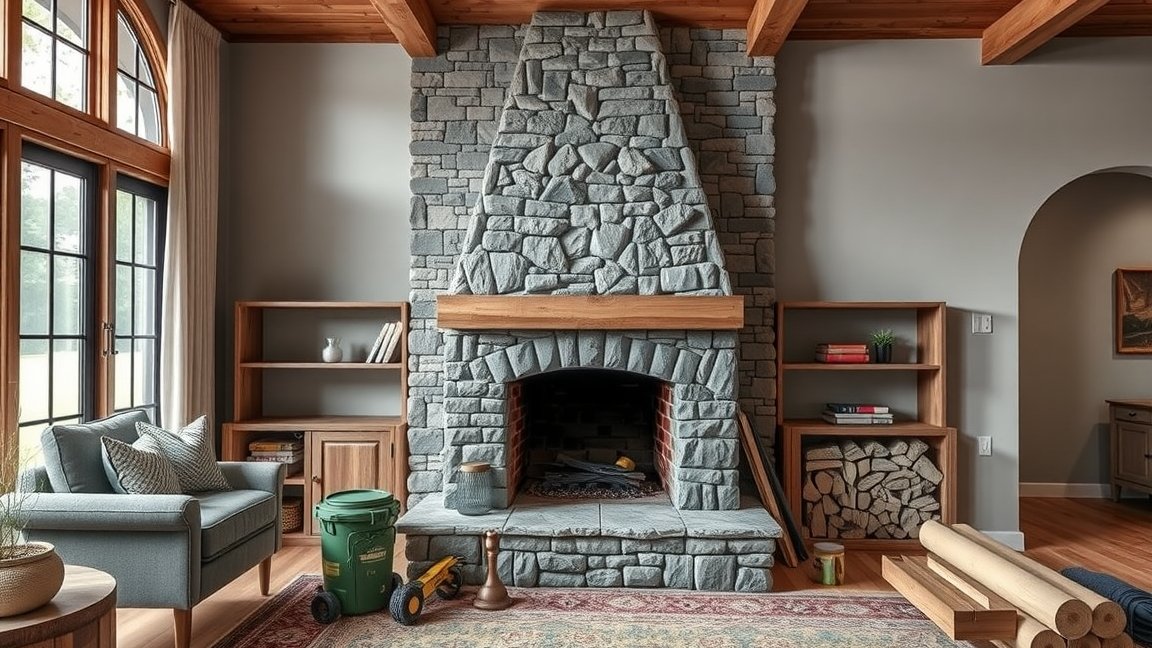 Elegáns kő kandalló egy modern nappaliban, fűtési megoldás.