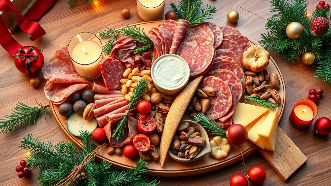 Karácsonyi hidegtál finom ételekkel és díszítéssel