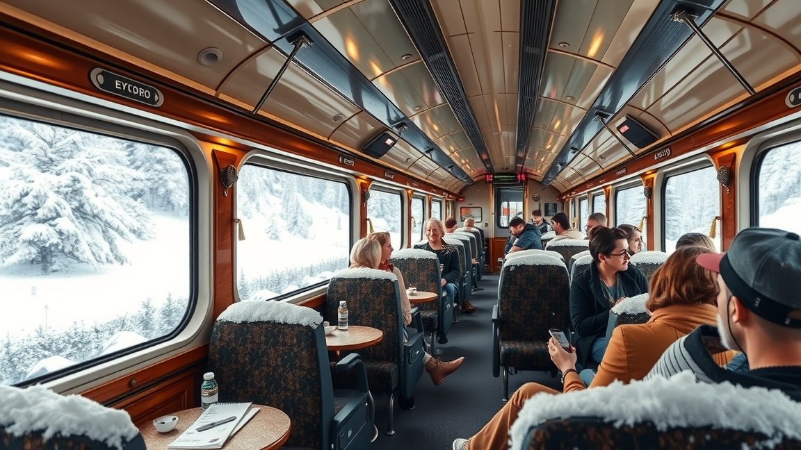Téli vonatút Európában, az utasok kényelmesen ülnek az ablak mellett.