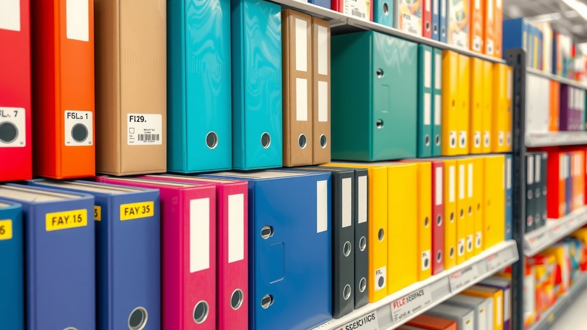 Színes iratrendező mappák egy bolt polcán