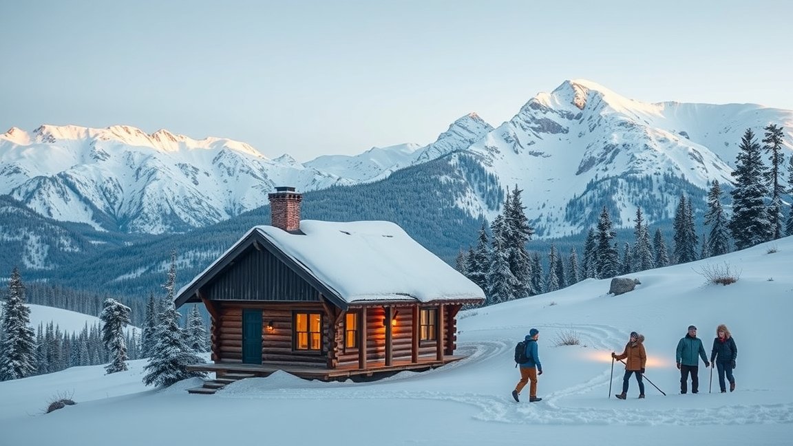 Téli kirándulás hütte a hegyekben, hóval borítva