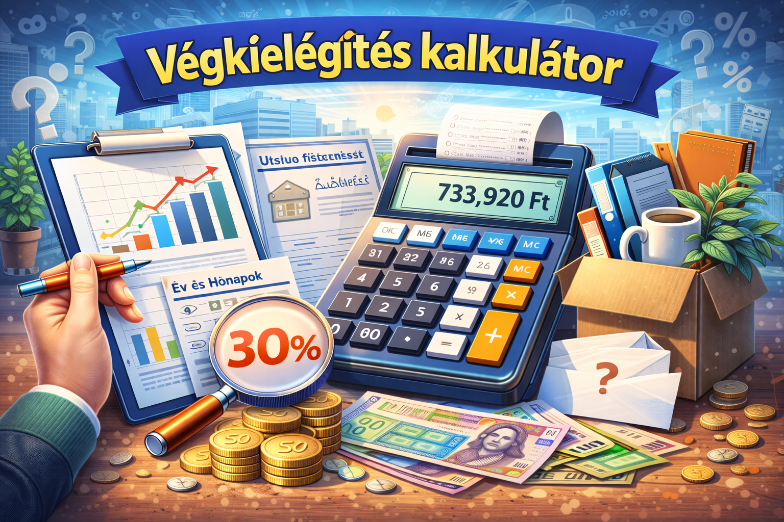 Végkielégítés kalkulátor, pénz és dokumentumok az online segítőhöz.