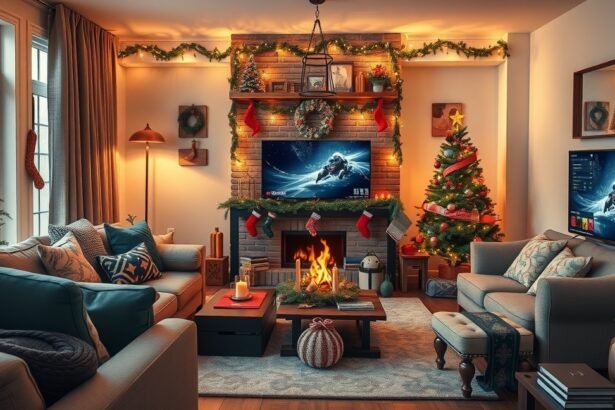 Karácsonyi gaming és VR ajándékötletek jól dekorált nappaliban.