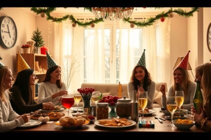 Női barátok szilveszteri bulin, ünnepi dekorációval az asztalon.