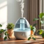 Modern párásító készülék virágok között, otthoni használatra.