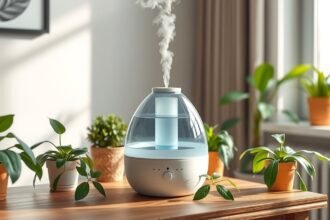 Modern párásító készülék virágok között, otthoni használatra.