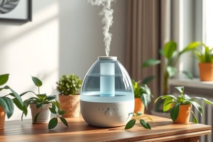 Modern párásító készülék virágok között, otthoni használatra.