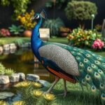 Egy páva sétál egy gyönyörű kertben