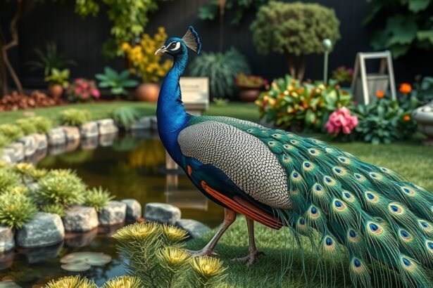 Egy páva sétál egy gyönyörű kertben