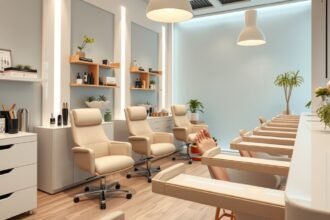 Modern pedikűr szalon képe, kényelem és stílus a lábaknak.