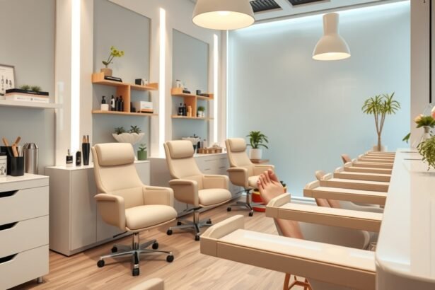 Modern pedikűr szalon képe, kényelem és stílus a lábaknak.