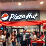 Pizza Hut franchise megnyitó ünnepség balonokkal és vendégekkel