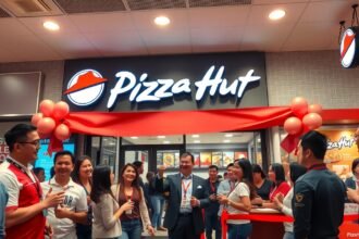 Pizza Hut franchise megnyitó ünnepség balonokkal és vendégekkel