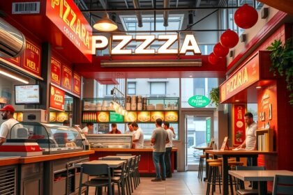Modern pizzéria belső tér, pizzakészítők és vendégek