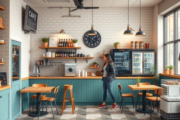 Modern kávézó belső tér, vendéggel és berendezésekkel.