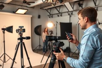 Fotós egy stúdióban a portfóliófotózás előkészületeinél.