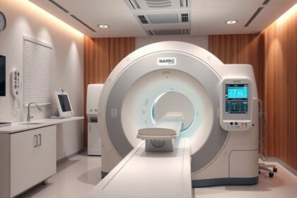 Modern MRI gép egy egészségügyi intézmény belső terében.