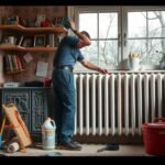 Férfi radiátor cseréje előtt a nappaliban, otthoni felújítás