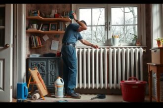 Férfi radiátor cseréje előtt a nappaliban, otthoni felújítás