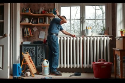 Férfi radiátor cseréje előtt a nappaliban, otthoni felújítás