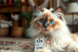 Ragdoll macska árcédulával, otthoni környezetben