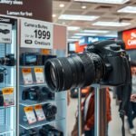 Kedvezményes kamera kiállítás egy boltban, különböző modellek árazással.