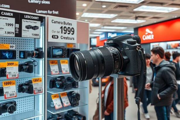 Kedvezményes kamera kiállítás egy boltban, különböző modellek árazással.