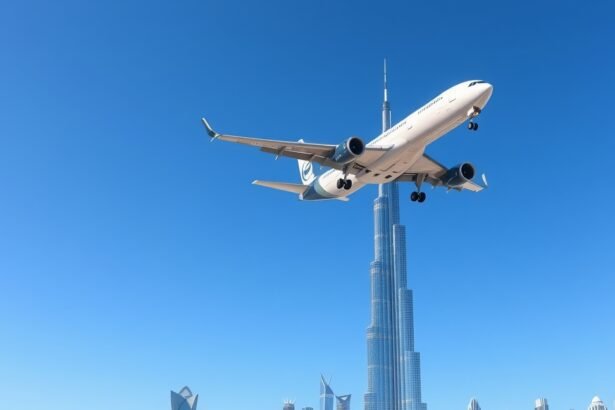 Repülőgép a Burj Khalifa közelében Dubajban