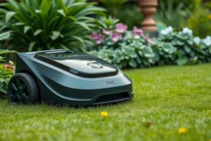 Robotfűnyíró a virágos kertben, zöld fűvel.