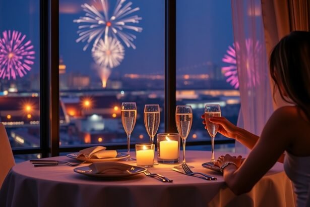 Romantikus vacsora gyertyafénynél, pezsgővel és tűzijáték háttérrel.