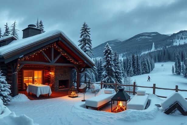 Romantikus téli hétvége a hegyekben, hóval borított faház és sípálya