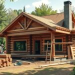 Rönkház építése folyamatban, fák között álló építkezés